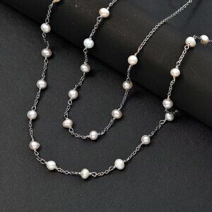 Women's White Freshwater Pearl Station Necklace in Stainless Steel 24 Inches L